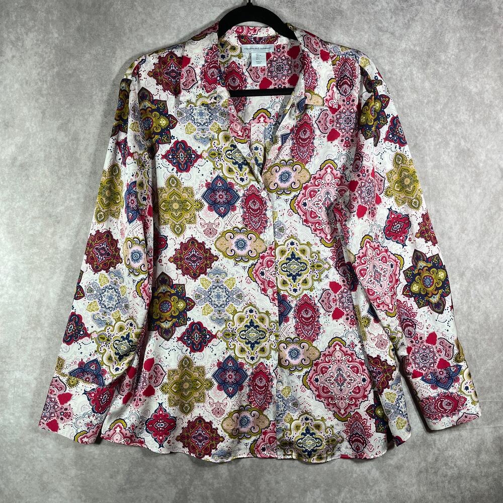 Cupcakes And Cashmere Blouse Womens‎ Large Pink Medallion Print Button Front Art